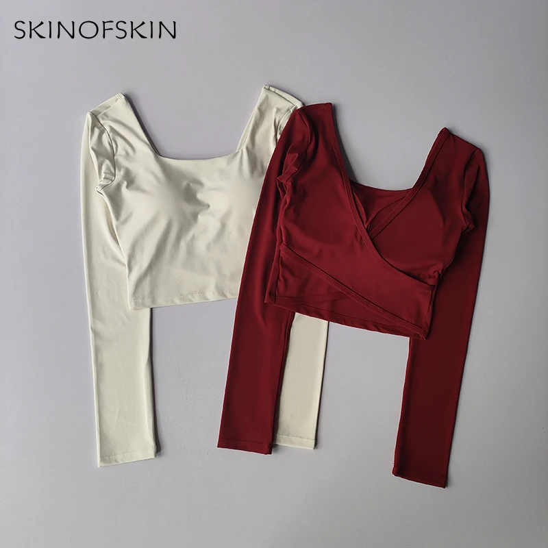 Feste Brustpolster, überkreuzter Rücken, Yoga-Kleidung, eng anliegend, schlankmachend, Sport-Langarm-Laufshirt, Fitness-Oberteil, Shirts – Detail 16