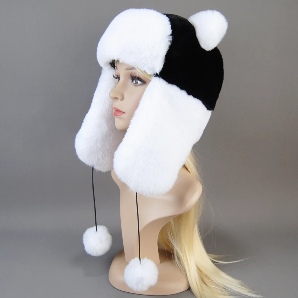 Hot Sale New Women False Rex  Rabbit False Fur Hat Winter Warm Fur Hat Black and White Panda Cute Color Artificial Hat