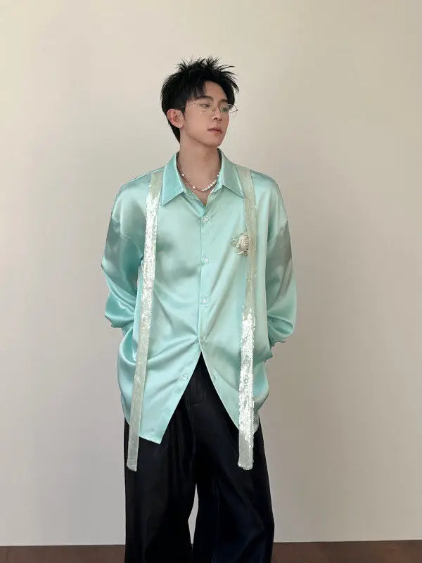 

Silky Long Sve Loose irt Men's Faion Performance Costume Formal Wear Polyester Fiber Summer Casual Sle
