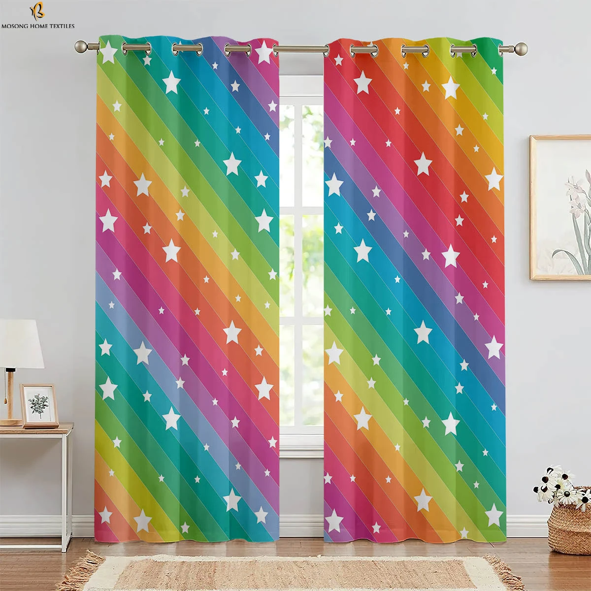 

Colorful Rainbow Print Curtains Shiny Modern Minimalist Style Bedroom Living Room Kitchen Rod Pocket Decorative Curtains 2PCS