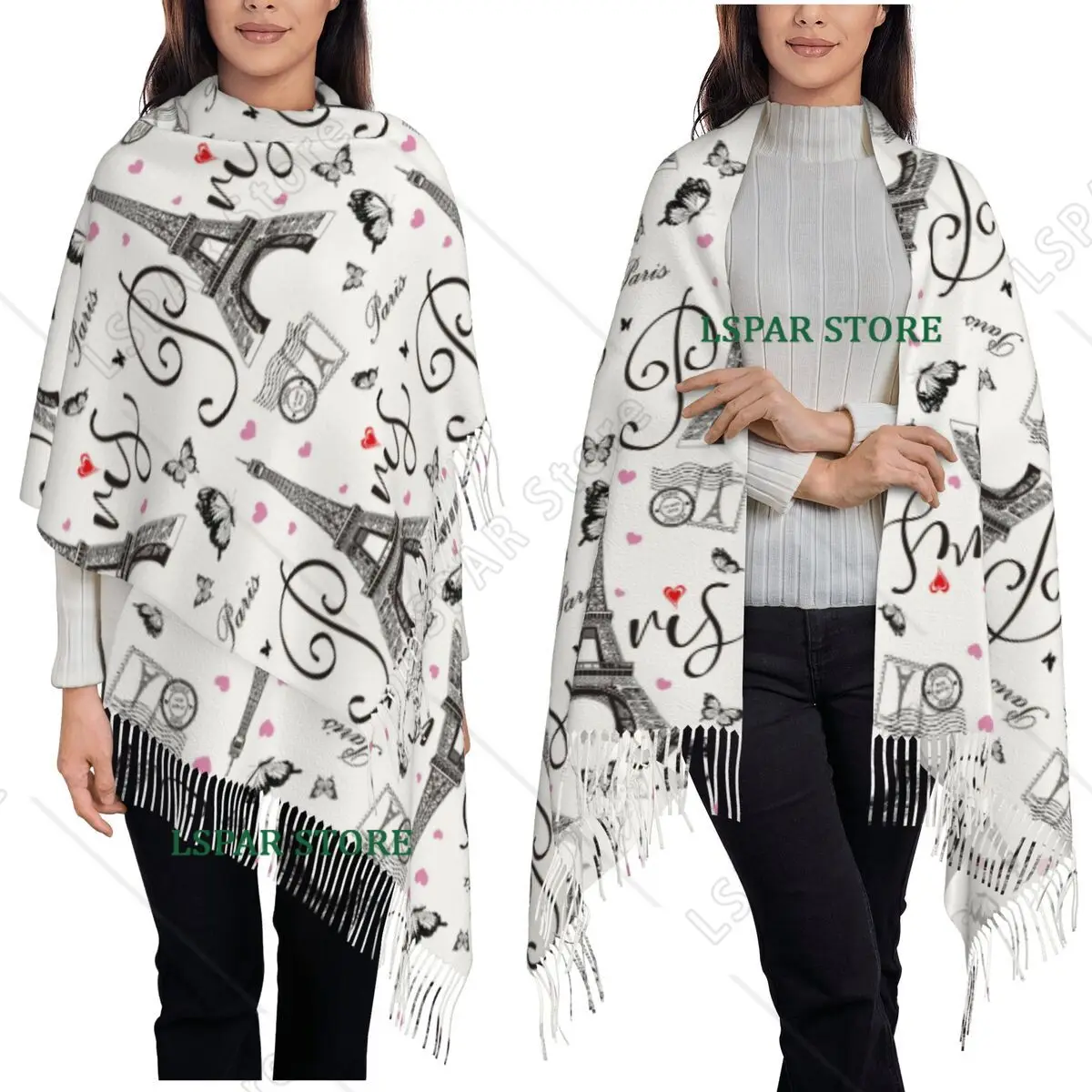 Vintage Eiffel Tower Romantic France Paris 4 Scarf Tassel Scarves Women Soft Warm Shawls and Wraps Large Fall Winter Shawl Wrap