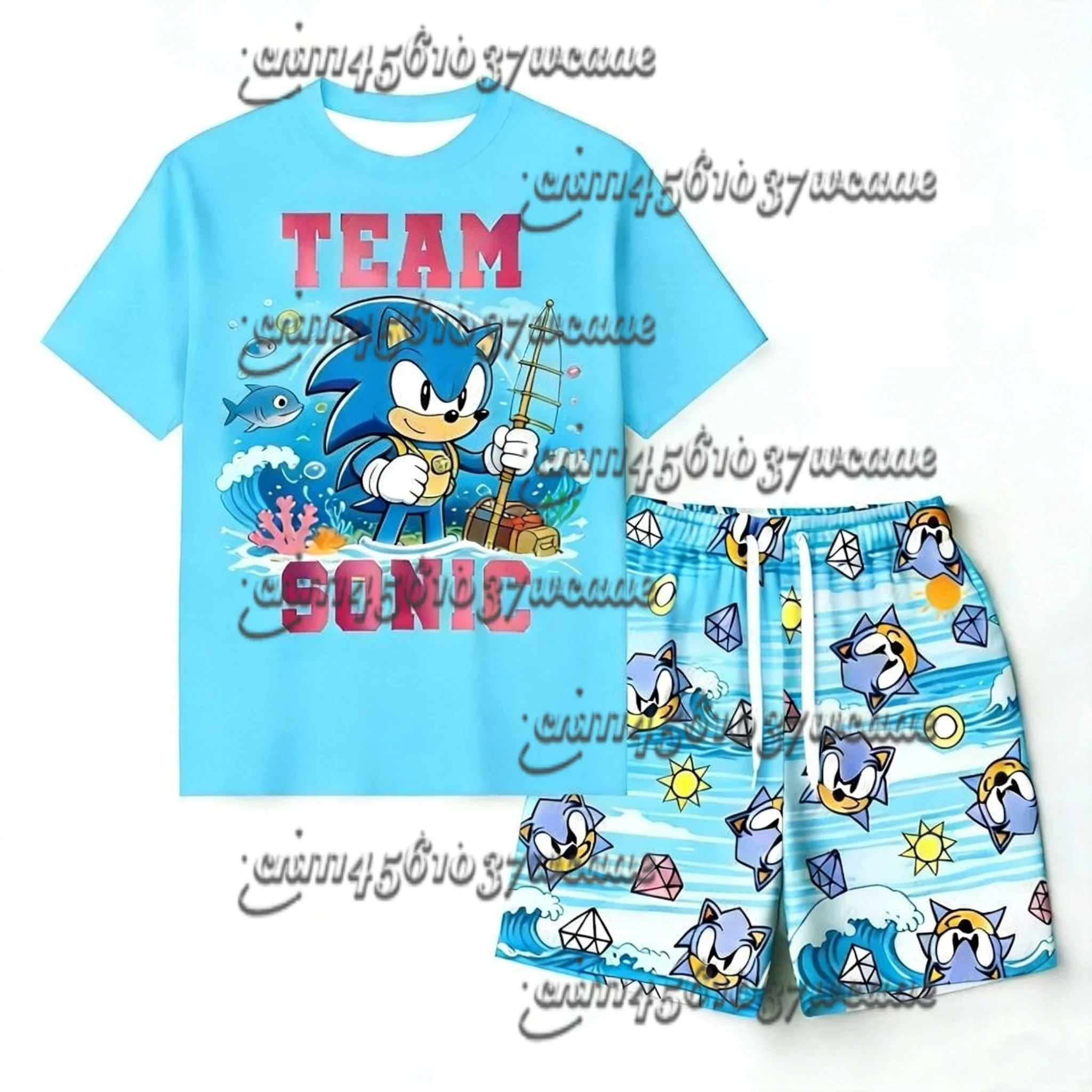 Oversize Bandai Animation Sonic Series T-shirt Set Sleepwear Universal Summer Short Sleeved Shorts New 2026 FamilyMatching