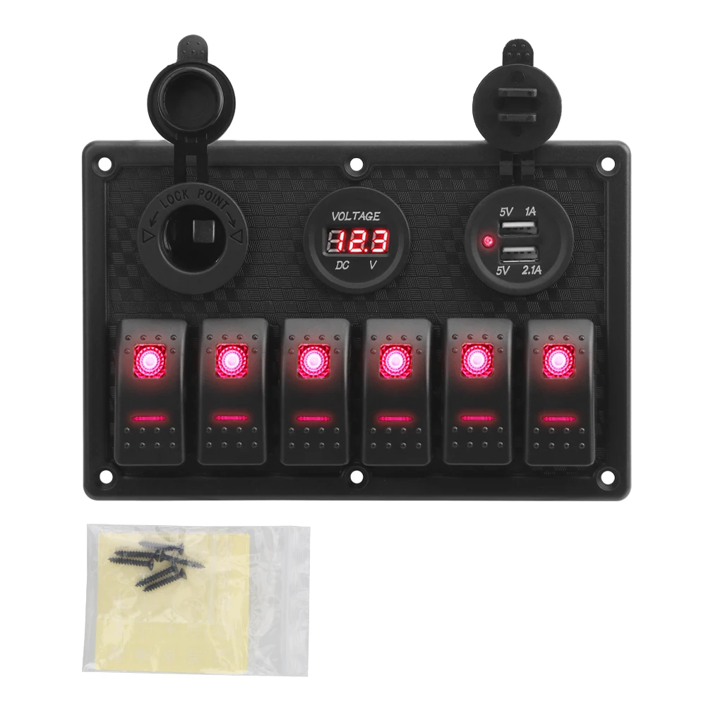 4.2A Dual USB Slot Socket 6 Gang Rocker Switch Panel Digital Voltage Display for Marine Boat Car Rv Vehicles Truck Yacht