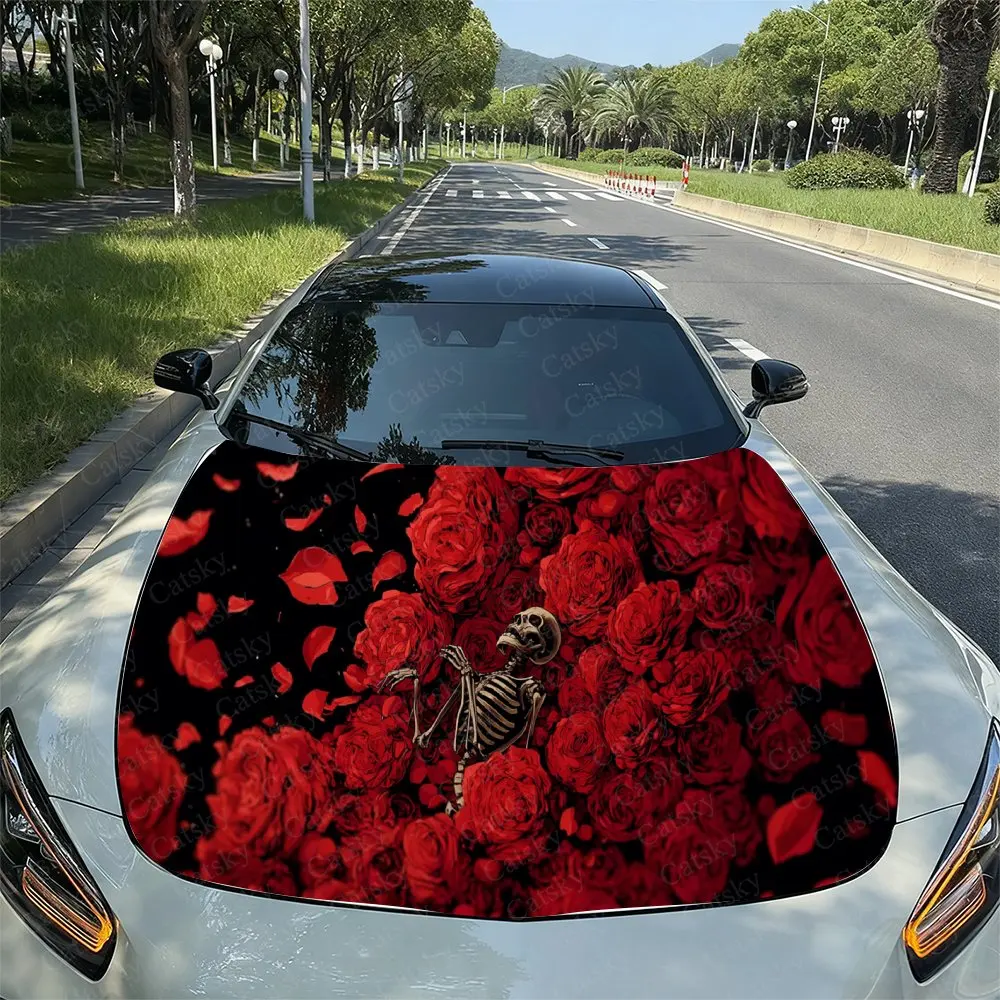 

Eerie Bright Red Roses & Bone Car Vinyl Wrap, PVC Waterproof Car Hood Sticker, Self-Adhesive Scratch-Resistant Stickers