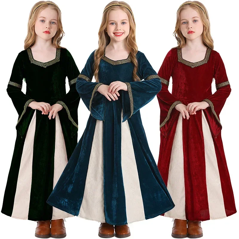 

Girl Elegant Victorian Dress Court Princess Cosplay Blue Red Long Sleeve Ball Gown Vintage Kids Costume Halloween Party Clothes