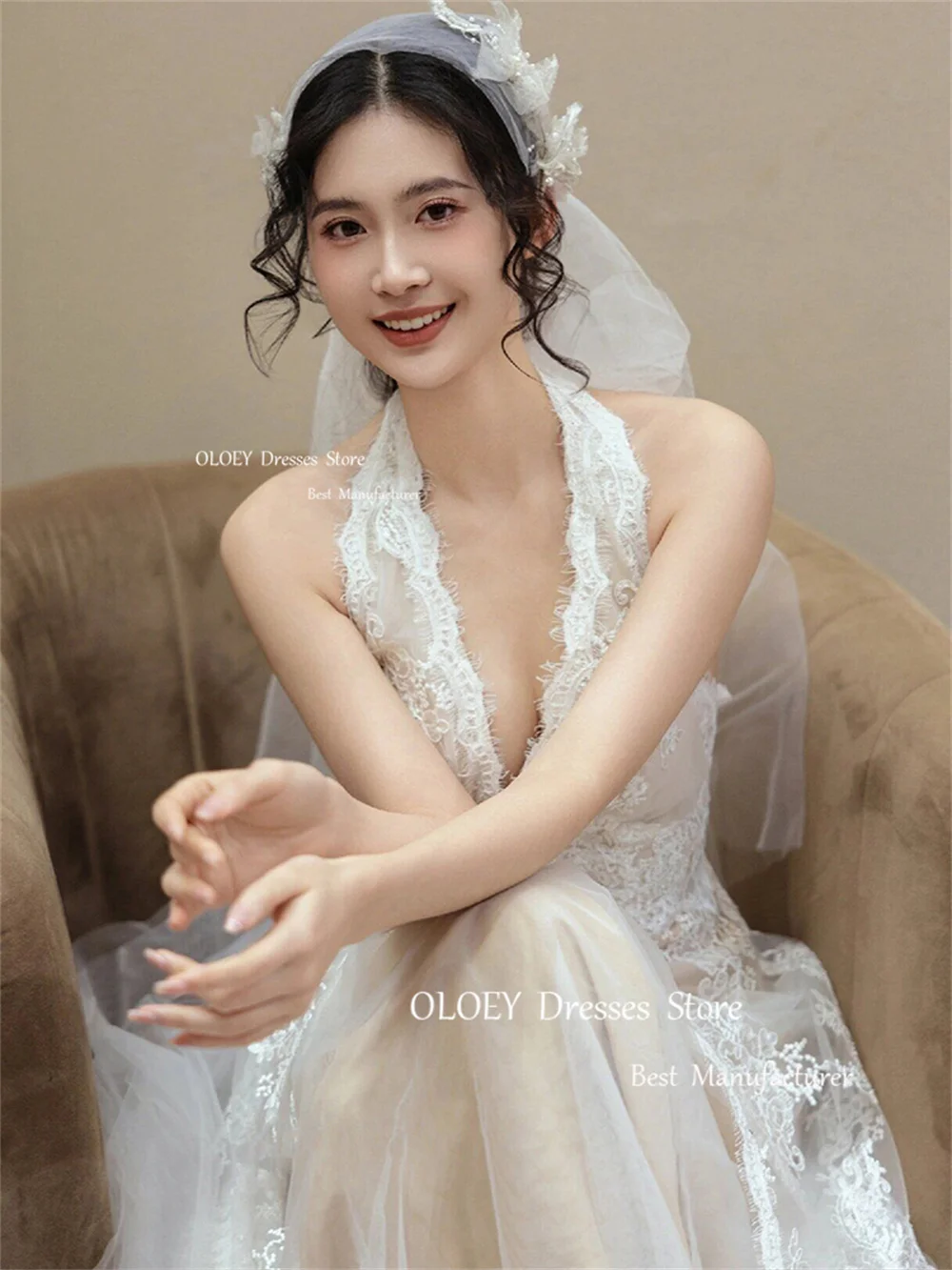 OLOEY Elegant Korea Wedding Dresses Photo Shoot Floor Length A Line Bridal Gowns Tulle Sleeveless Lace Up Back Free Custom