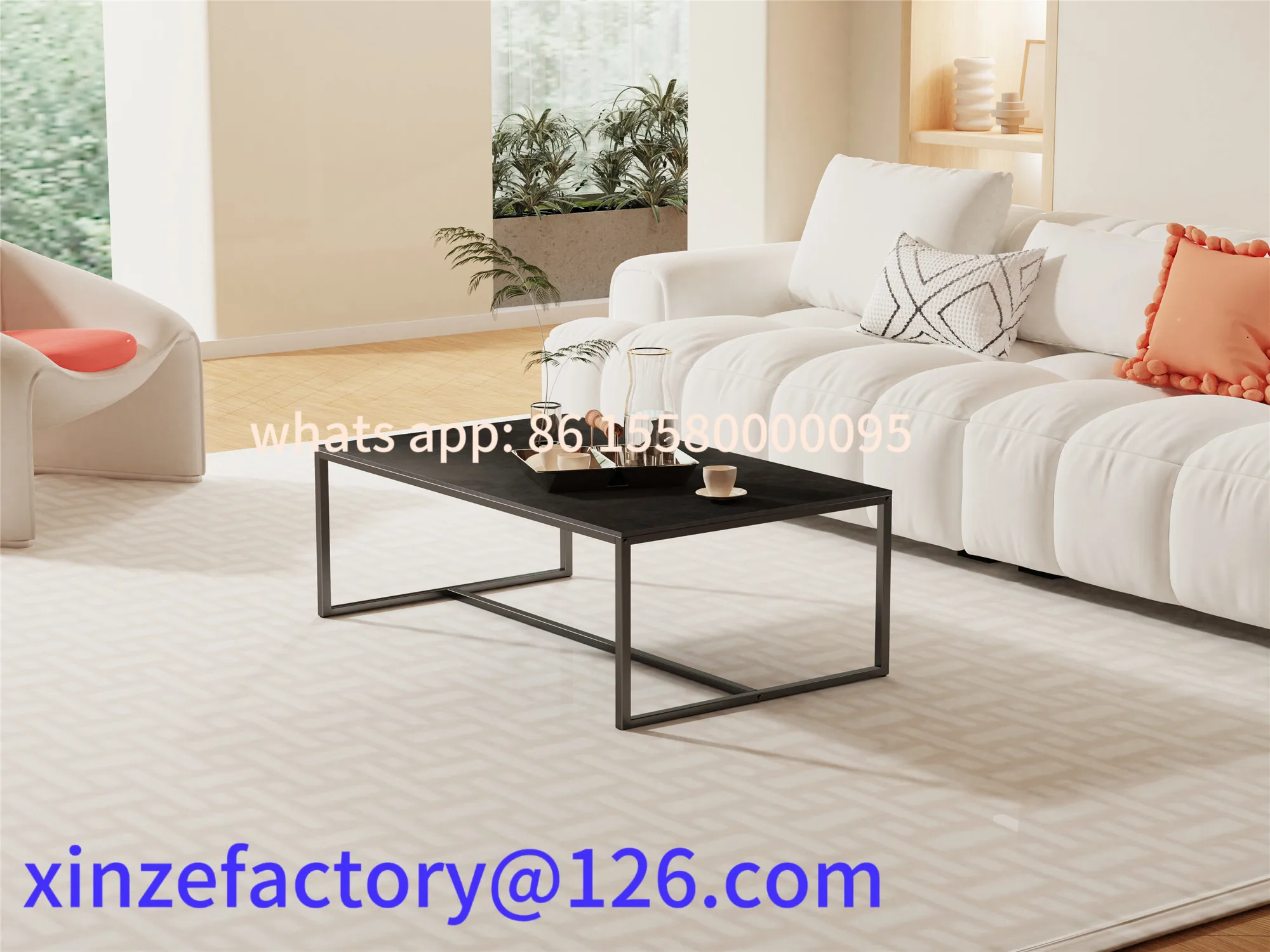 Centro de sofá cinza personalizável com estrutura de metal preto - mesa retangular de decoração de móveis