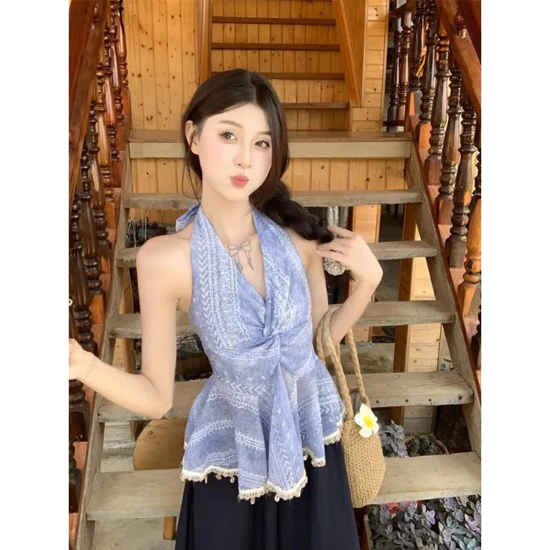Women's Blue Halter Neck Wrap Top With Lace Trim And Twist Front For Casual Daily And Vacation Wear