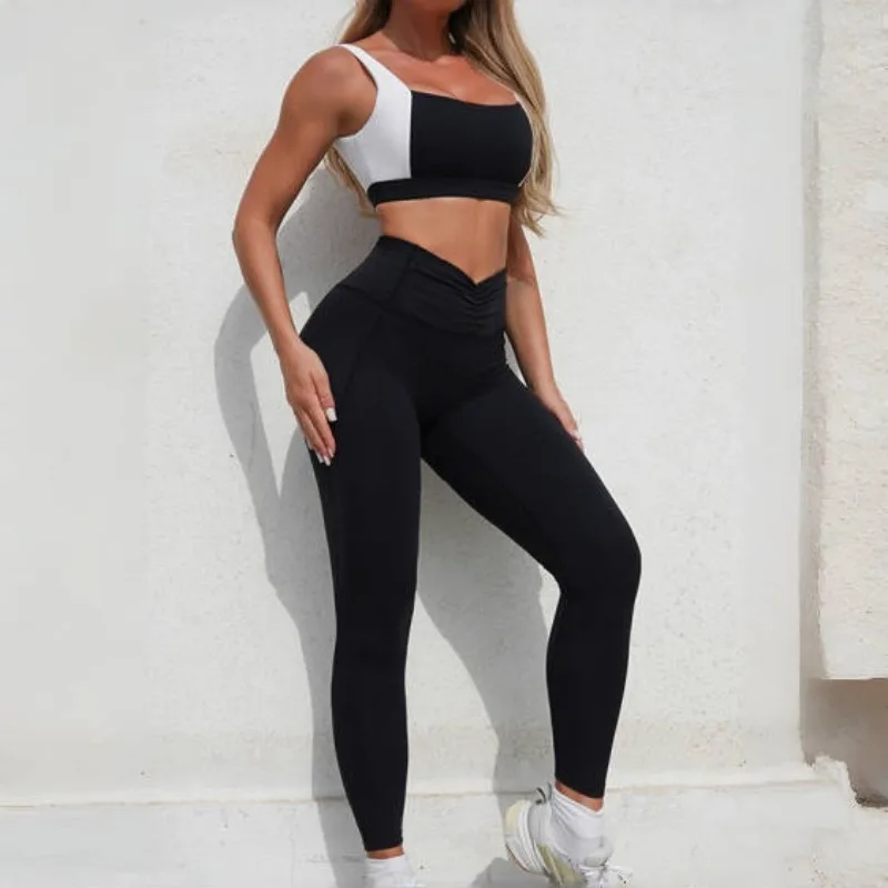 

Women's New Color Blocked Yoga Set Nude and Beautiful Back Tight Pants Set Outdoor Sports Running Leisure and Fitness Clothing