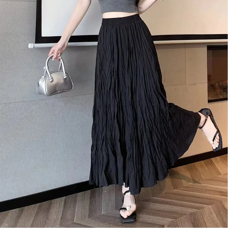 New Slim Elastic Waist Wrinkled Skirt Umbrella Skirt Gentle Temperament Spring and Summer Korean Style Versatile Long Skirt