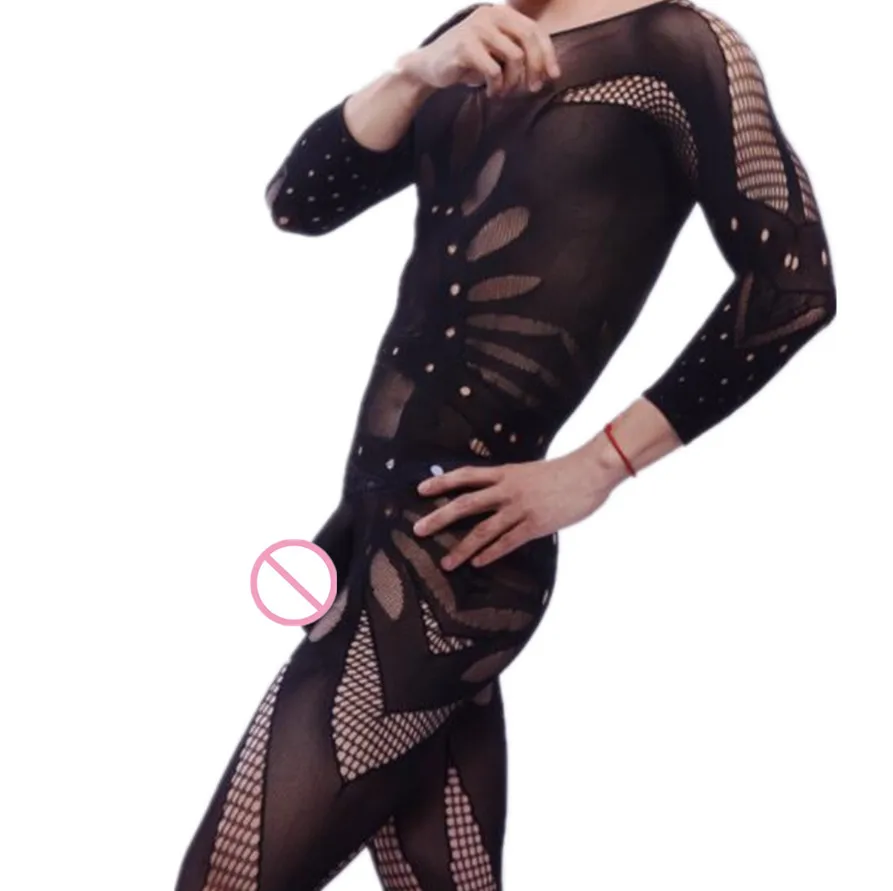 Men's Sexy Onesie Short Sleeve Hollow out Floral Personalized Open Crotch No Need to Remove Thickened Net Suit Uniform