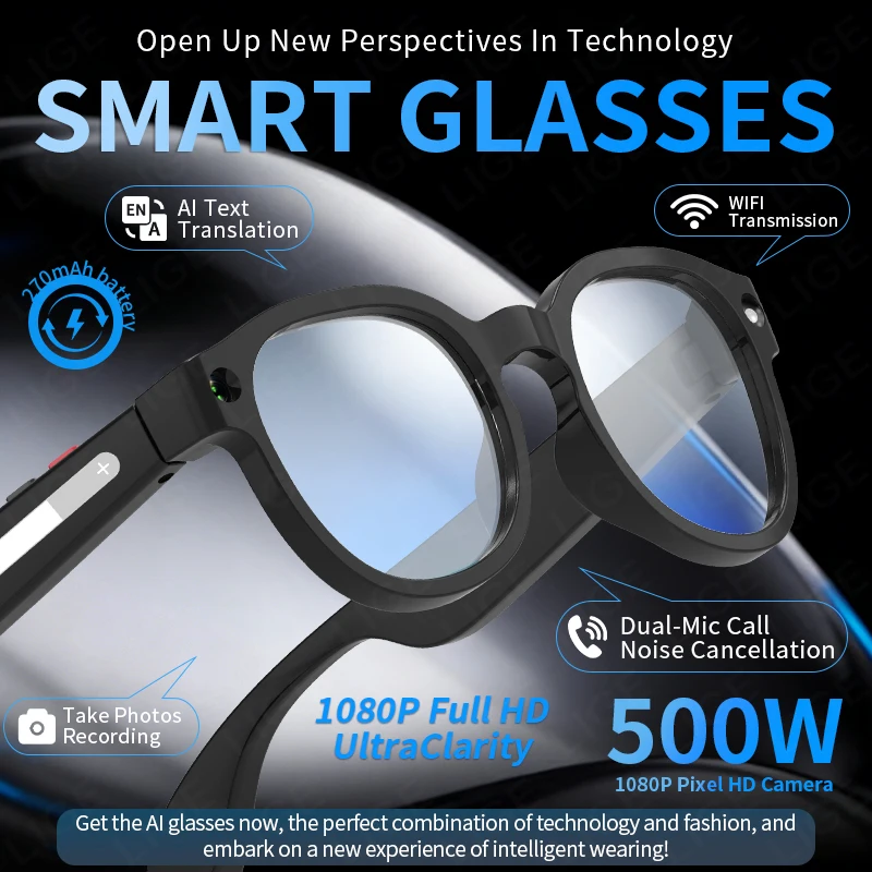 

WIFI 200W Smart Glasses Anti-Shake 1080P Videos Recording Photo Recognition Answer Translation Music 270mAh AI Bluetooth Glasses