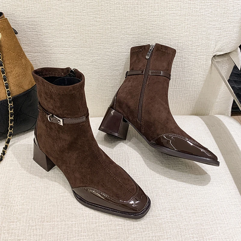 Women Ankle Boots Square Toe Block Heel Faux Suede Cap Slim Fit Office Vintage Ladies Casual Autumn Winter Boots Shoes For Woman