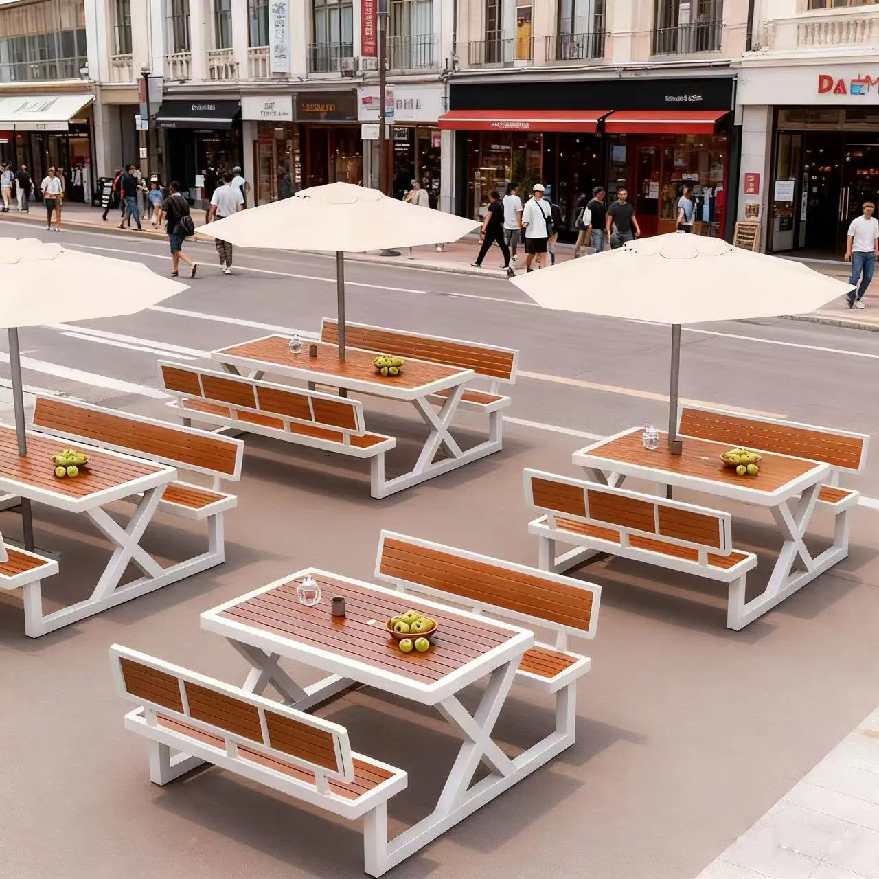 

Пластиковый деревянный стол и стулья для уличного двора, водонепроницаемый и солнцезащитный крем для улицы, длинный стол и стул для ресторана, непромокаемый