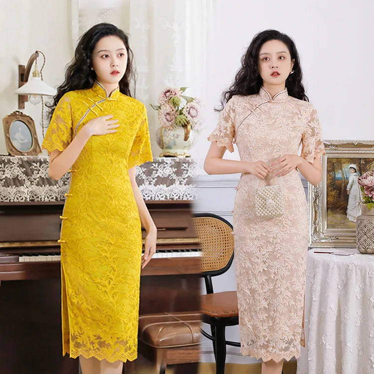 Summer Autumn New Style Fashion Lace Cheongsam Mid-Length Double Layer Improved Slim-Fitting Daily Banquet Women's Dress