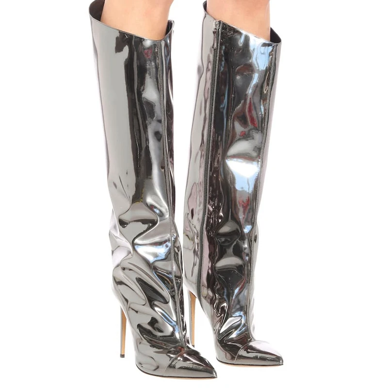 2022 Autumn and Winter New Women\'s Knee-high Boots with A Heel Height of 10 Cm Retro Style Patent Leather  Thigh High Boots