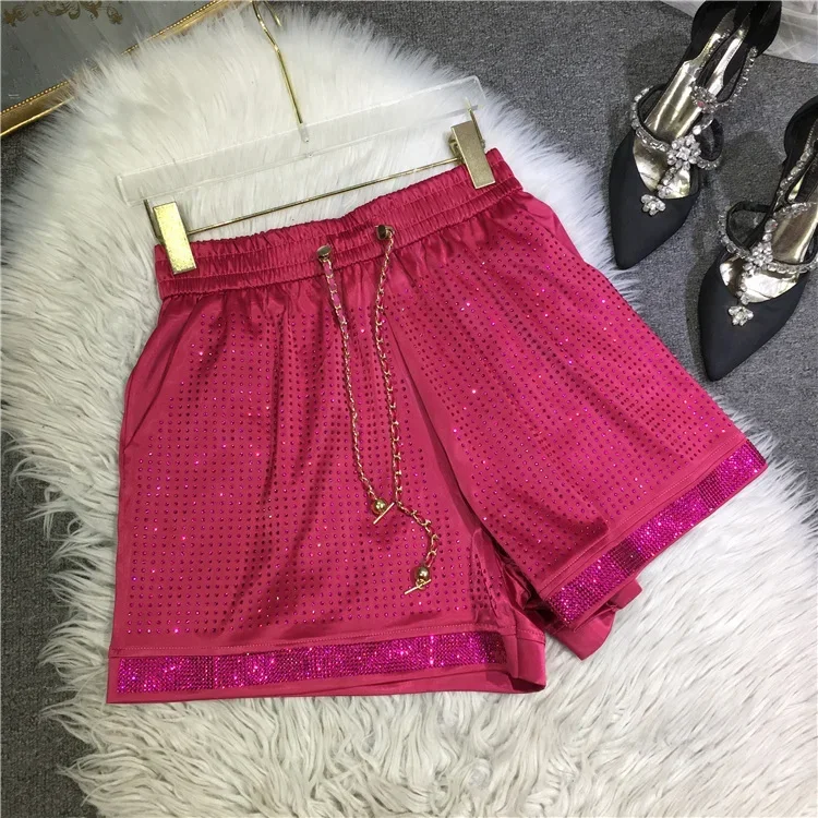 European Heavy Hot Drilling Shorts Women's Luxury Fashion Full Diamond Silky Satin Straight Pants 2024 Summer New Short Pants