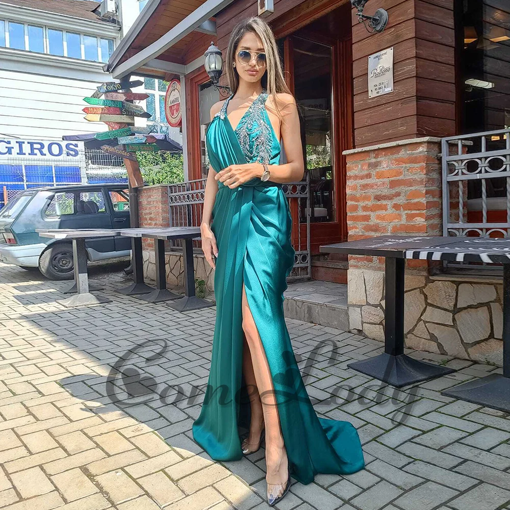 

Comelody Trendy Prom Dresses for Women Saudi Arabric Halter Appliques Charming Side Slit Backless Formal Gown Plus Custom Made