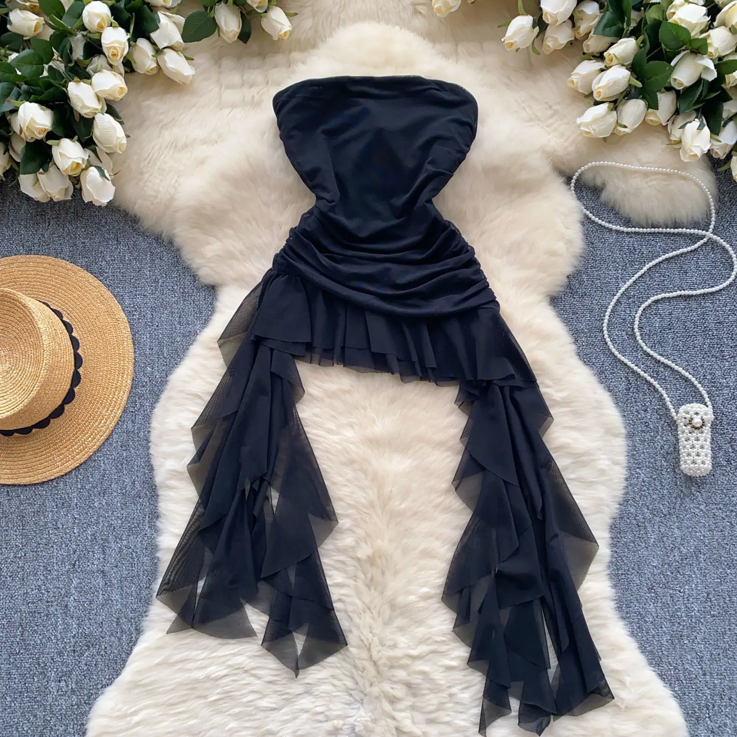 Y2k Clothes 2000s Gothic Spicy Design Asymmetrical Slim Strapless Tank Top for Women Summer Wear Versatile Ruffled Ribbon Top