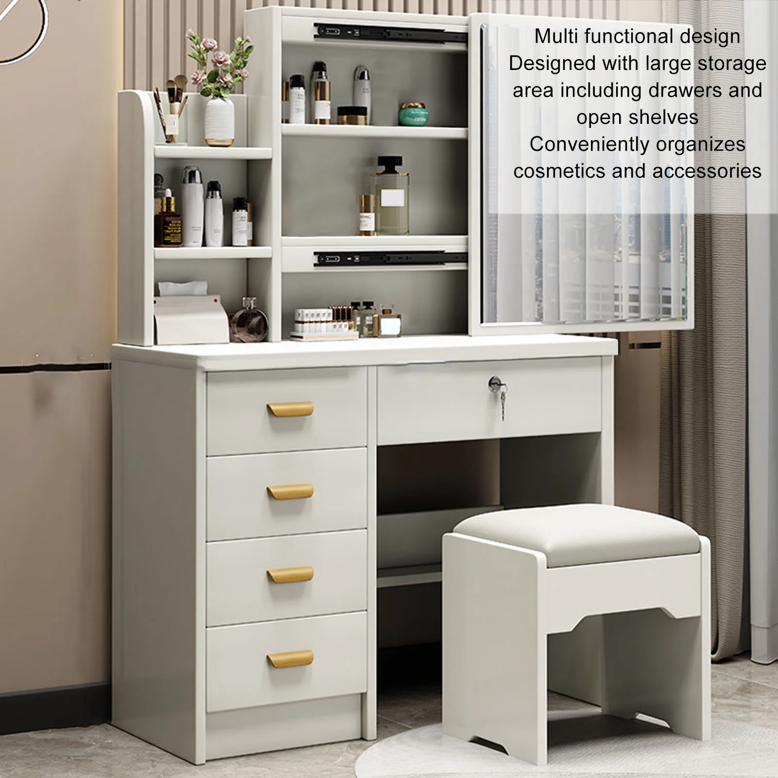 Escritorio de tocador, estructura elegante y resistente, ahorro de espacio, espejo iluminado, tocador, taburete acolchado con cajones, estantes para dormitorio