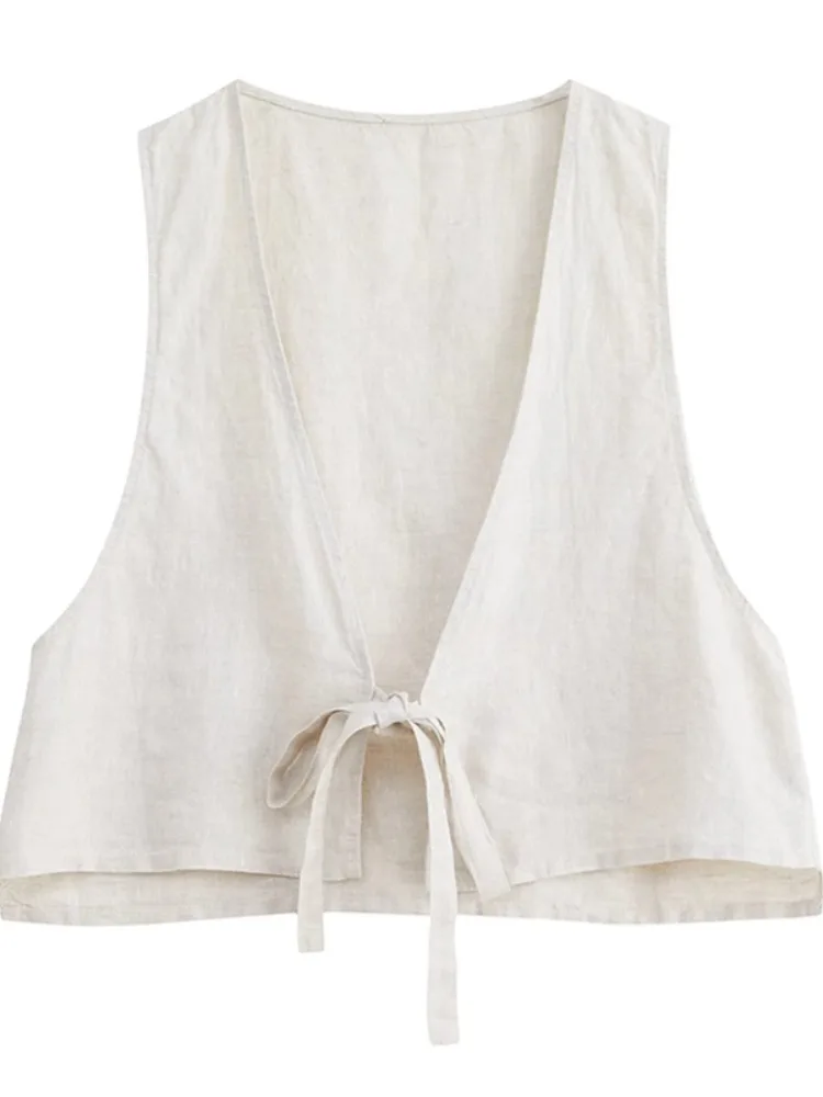 Gilet d'été en coton et lin pour femmes, petite taille, couleur, vêtements d'extérieur simples, ceinture, haut Svel, amincissant, longueur ort