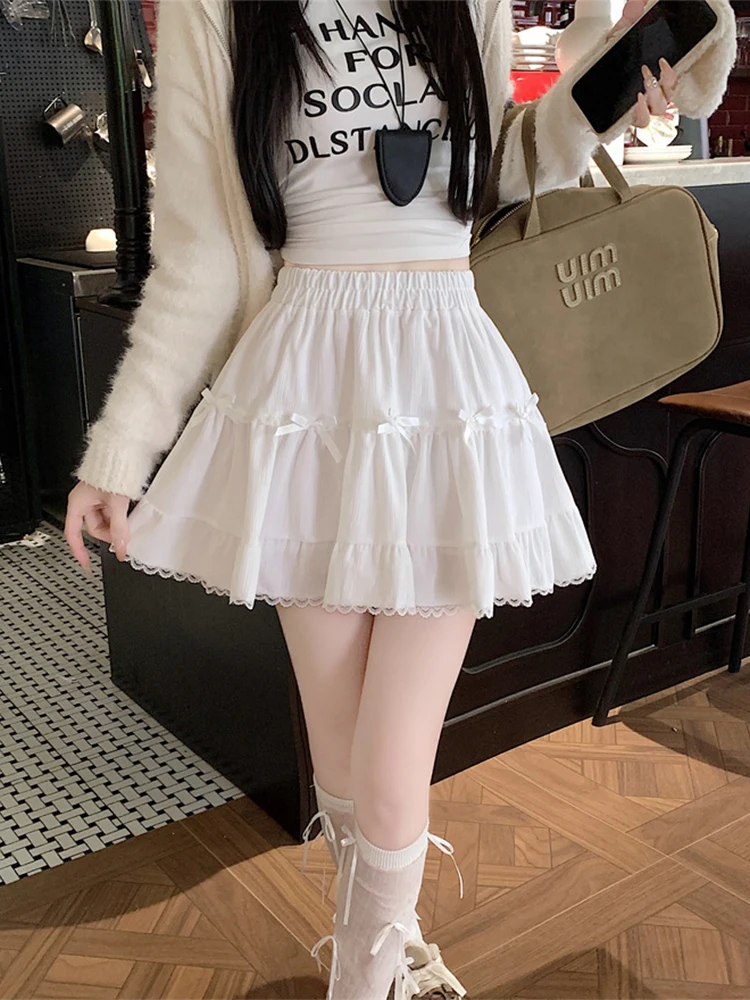 

Summer Mini Layered Skirts Bow Lace Ruffles Short Skirt Sweet Cute Women's High Waist A-line Skirt Casual fashion Korean Clothes