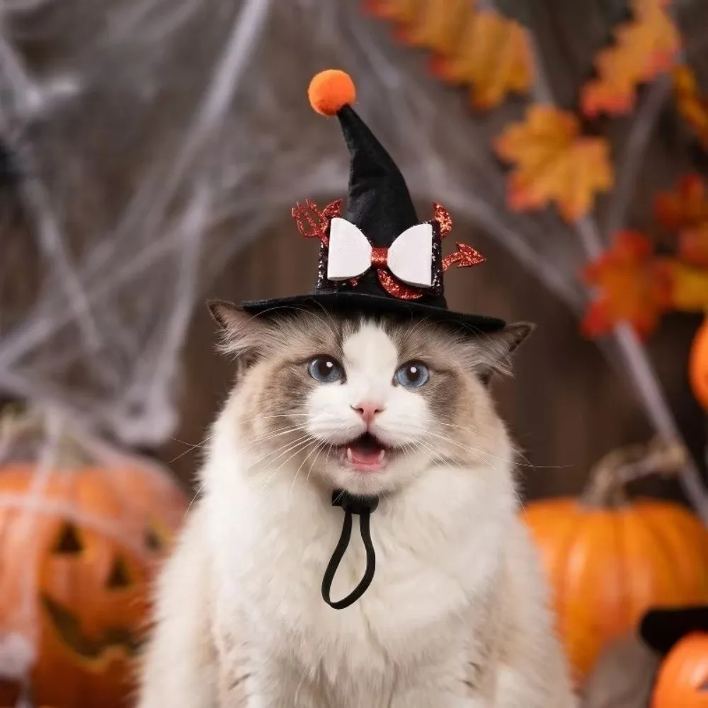 Adjustable Strap Pet Halloween Witch Hat Pointed Brim Sequin Bowknot Cat Witch Costume Cap Lightweight Fit Curved Top
