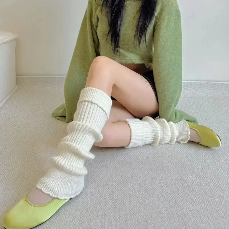 

2025 Autumn and Winter Lace Avocado Green Pile Socks Japanese Leg Warmers JK knitted Long Socks for Women Calf Leg Covers