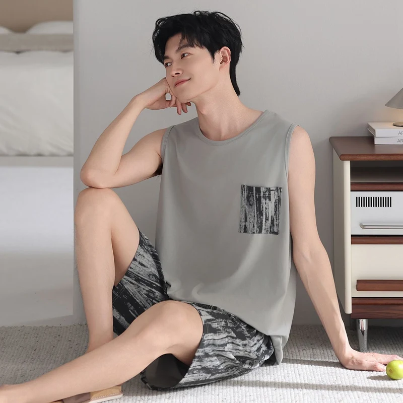 

2026 Summer Plus Size Sleeveless Vest Modal Pajama Sets for Men Korean Loose Sleepwear Pyjama Homme Homewear Male Home Clothes