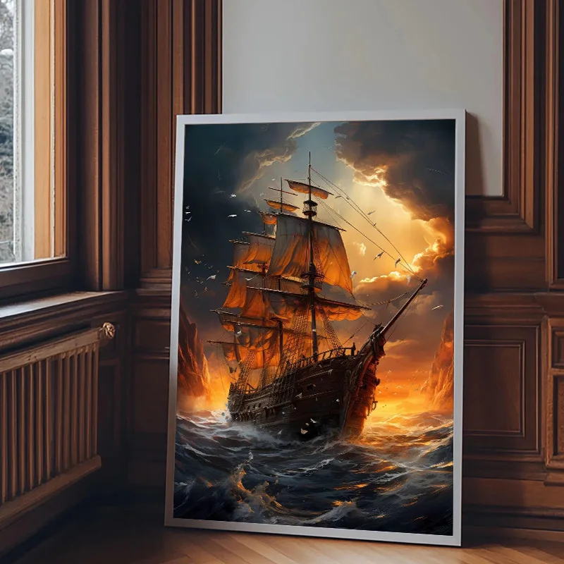 Pirate Ship Fantasy Waterfall Forest Tree of Life Canvas Painting Wall Art Poster Print for Living Room Home Decor