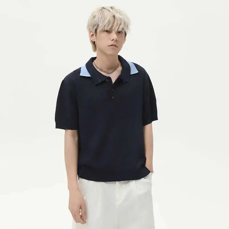

Style Men's Korean Tees Double Lapel Button Design Knitted Contrast Color Vintage Short Sleeved Loose Male T-shirts QZHM