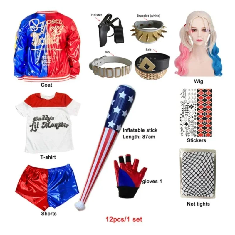 Carnival Kids Girls Suicide Harley Cosplay Costumes Squad Quinn Monster Joker Jacket Suit tattoo stickers Pants Set