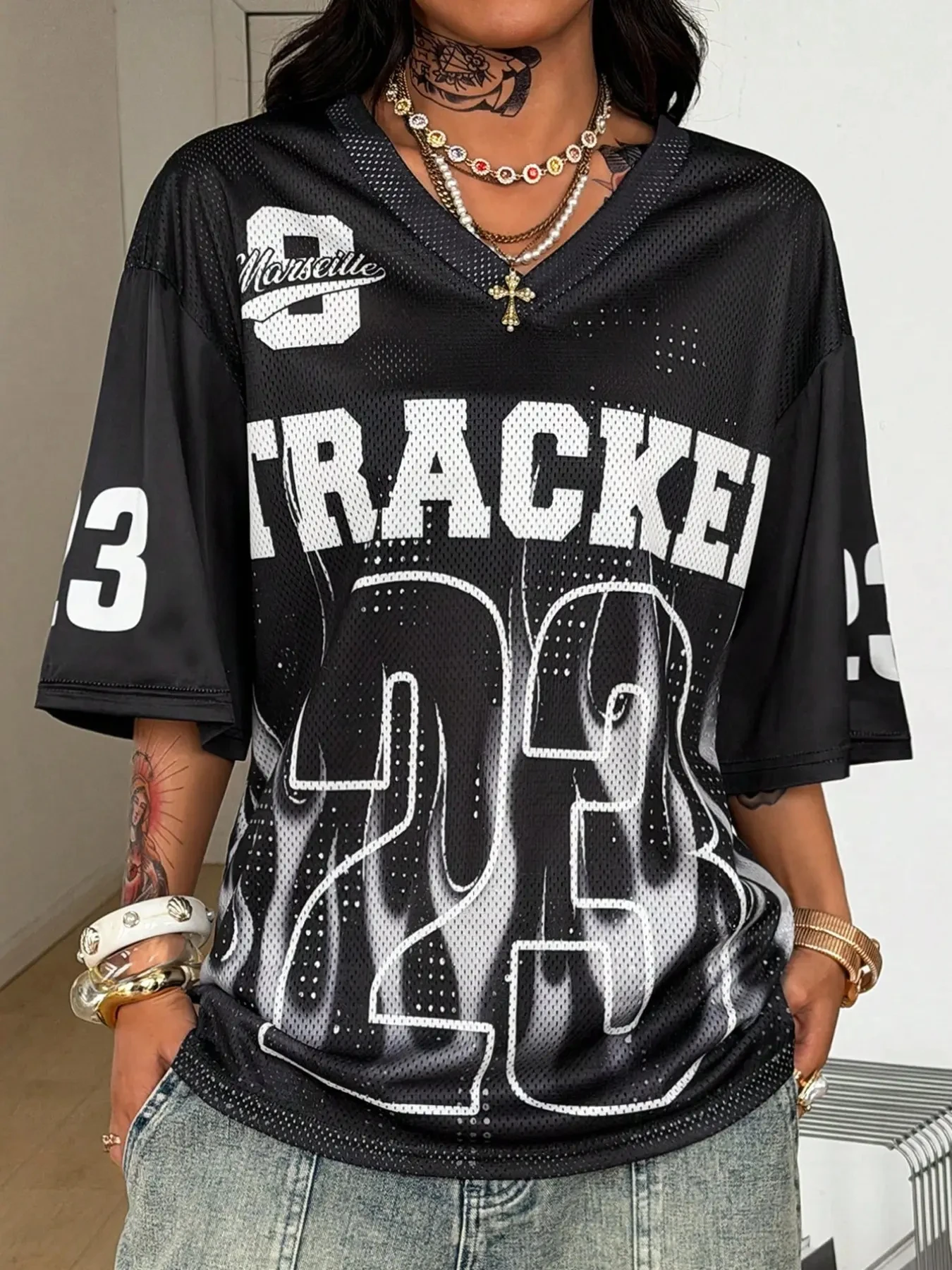 Black Flame 23 Tracker V Neck Mesh Football Jersey Women Oversized Drop Shoulder Y2K Vintage Sporty Summer Casual Streetwear Top