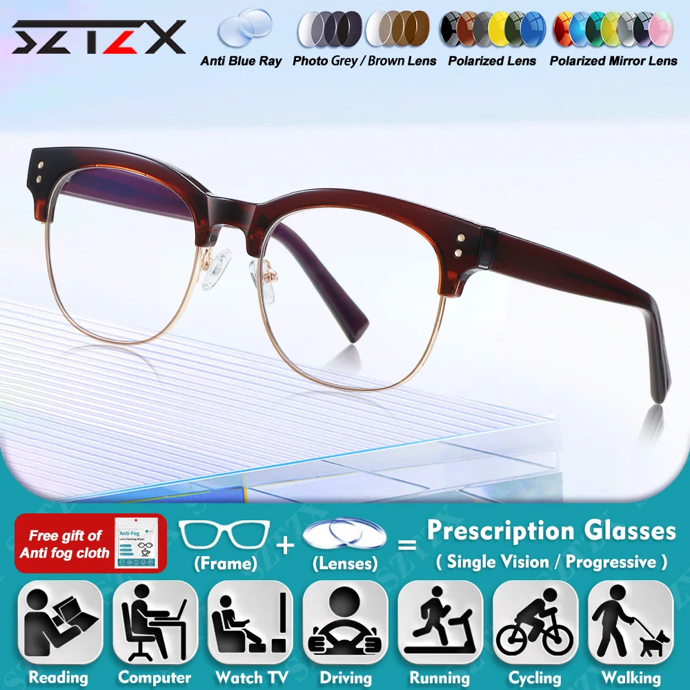 

SZTZX Men Business Round Frame Design Myopia Prescription Computer Glasses Everyday Wear Anti Blue Light Progressive Eyeglasses