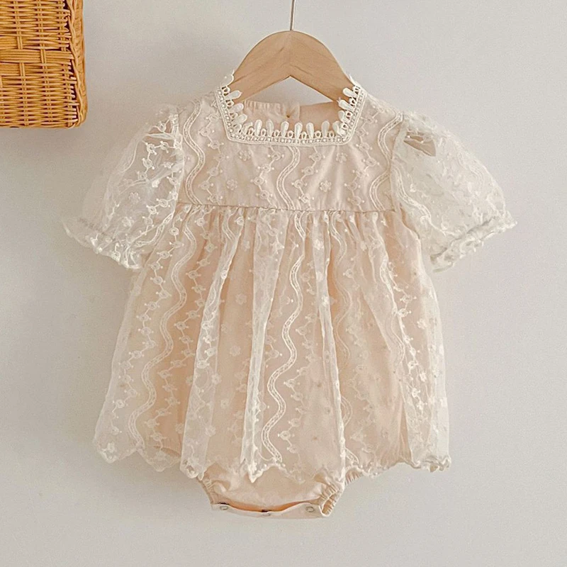 Summer Newborn Baby Girls Sweet Jumpsuit Toddler Baby Girls Short Sleeves Lace Kids Princess Dress Girls Sister Clothes