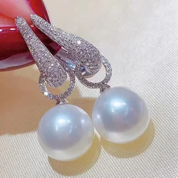 Huitan New Trend Imitation Pearl Dangle Earring for Women Luxury Silver Color Bling Cubic Zirconia Fashion Elegant Lady Jewelry
