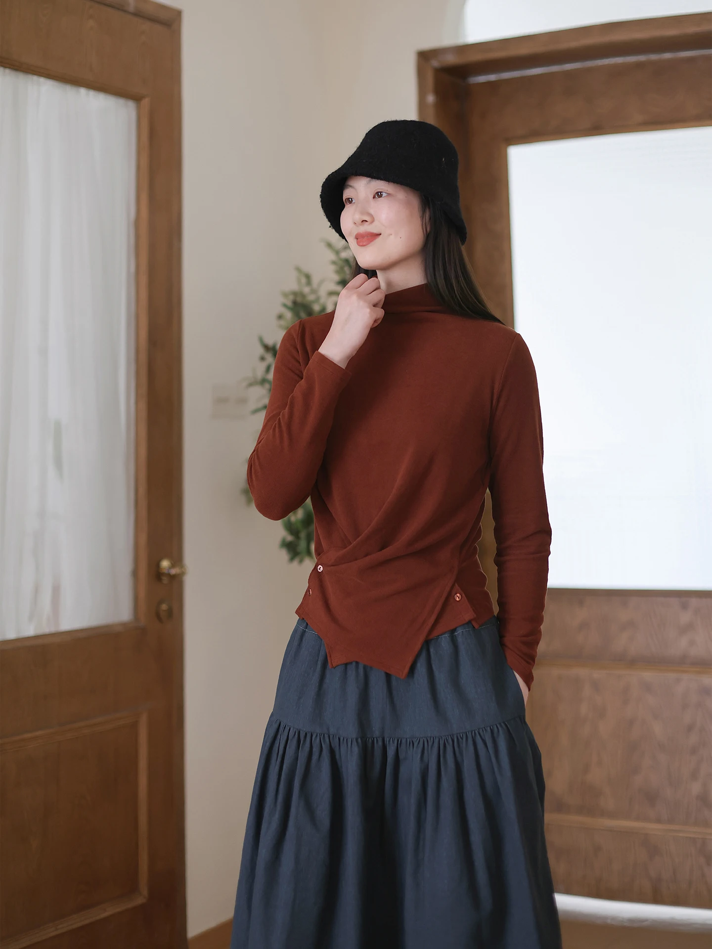 

Футболка Slim Fit Long Sve, женская футболка High Ne Base irt Pure Color Artistic Sle, осень-зима, Новое поступление, универсальная повседневная одежда...