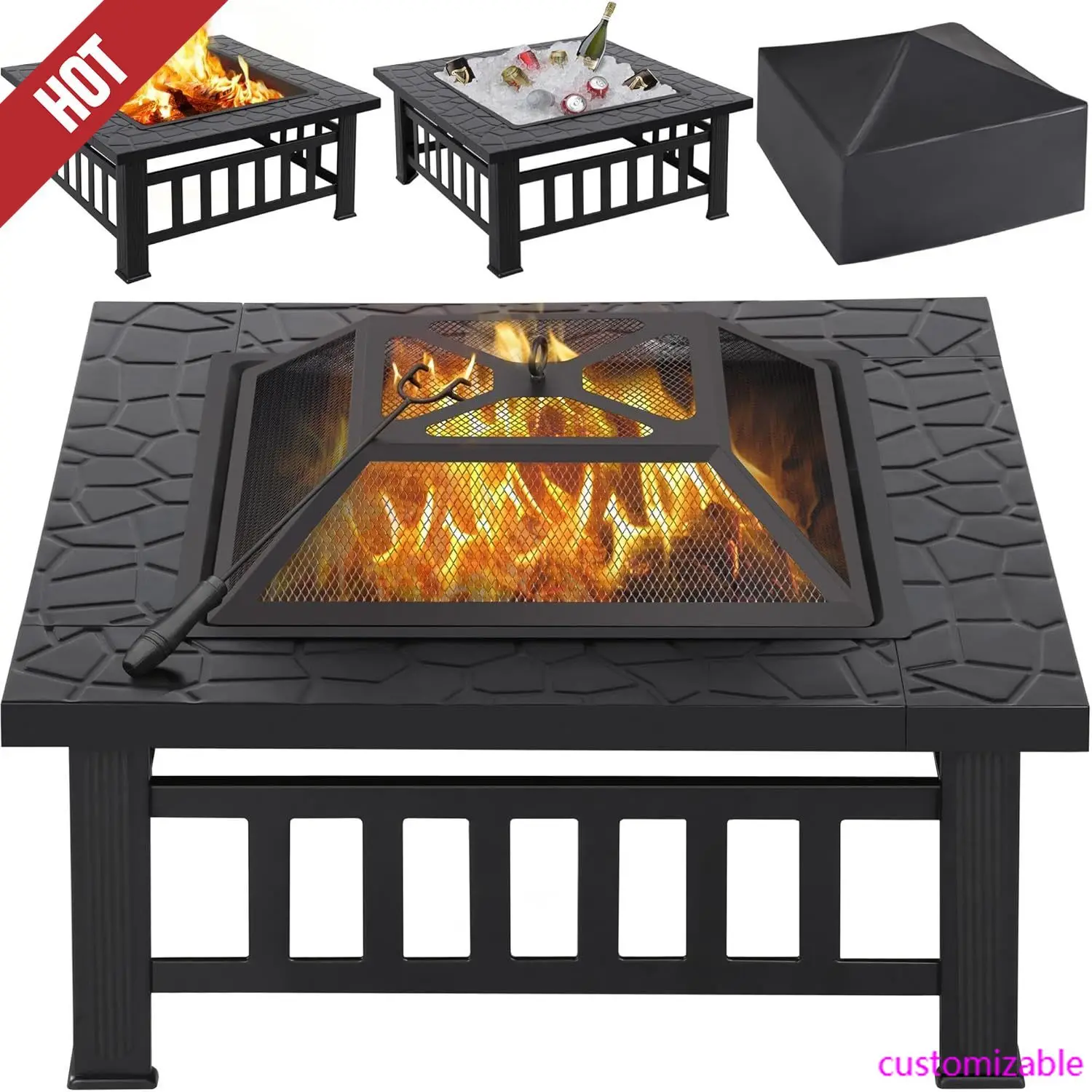 Mesa multifuncional para fogones, estufa cuadrada de Metal de 32 pulgadas, chimenea de jardín para Patio trasero, calefacción exterior, hoguera y Picnic