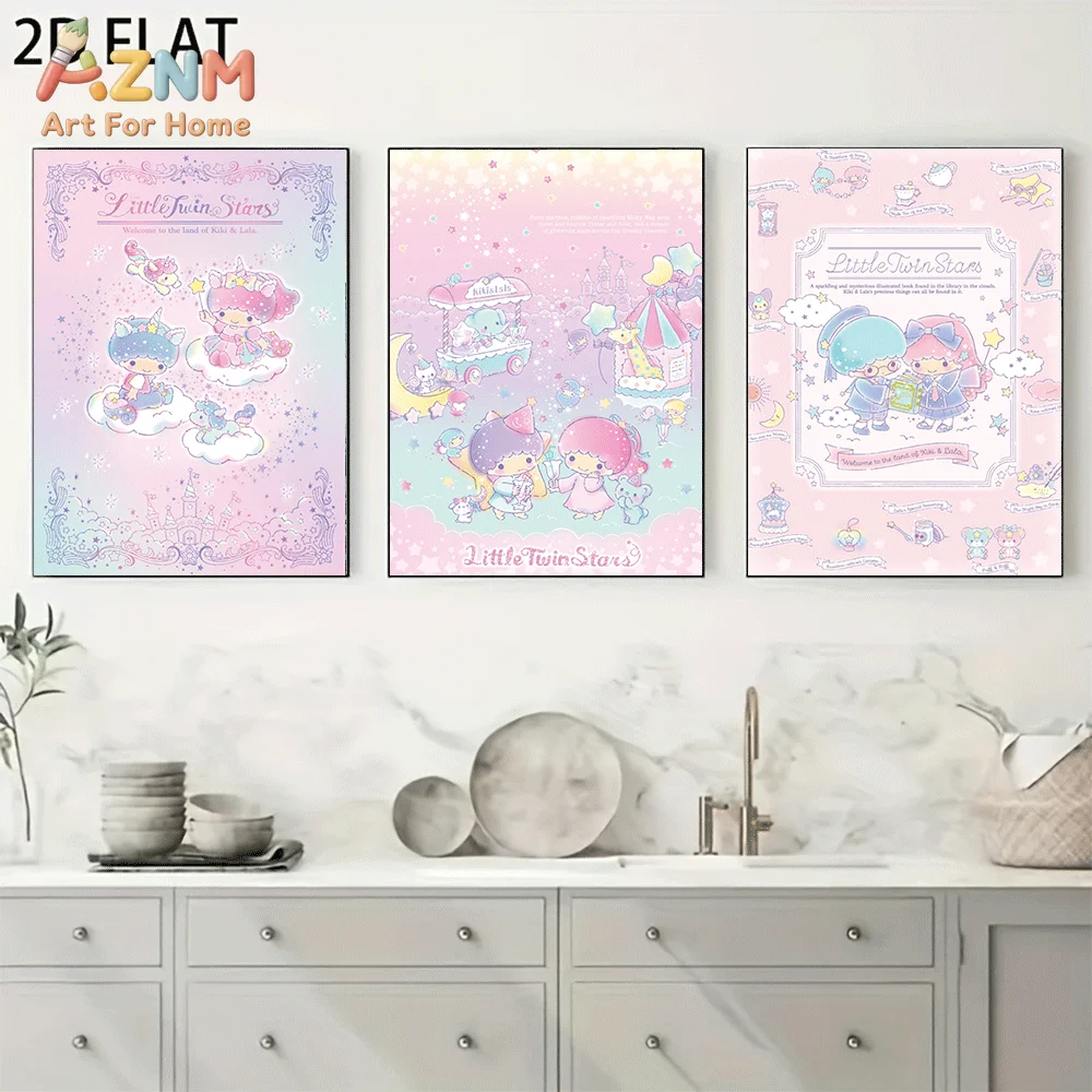 AZNM Little Twin Stars Canvas Wall Art Unframed Cute Cartoon Print Poster Castle Cloud Unicorn Star Kawaii Pastel Design for Gir