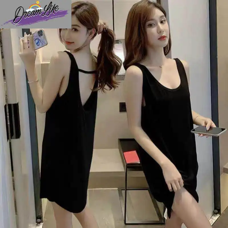 Women's Summer Sexy Sleeveless Pure Desire Sleepwear Strapless Loose plus Size Backless Dress Home Clothes V-neck Three-aceta...
