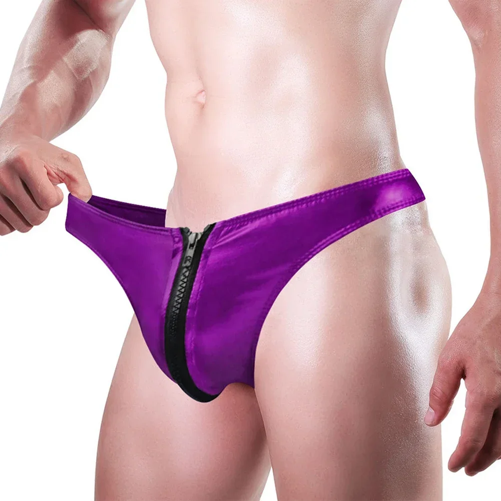 Men\'s Low Waist Imitation Leather Double Zippered Bulge Pouch Briefs Panties Jockstraps Bikini Underwear Underpants