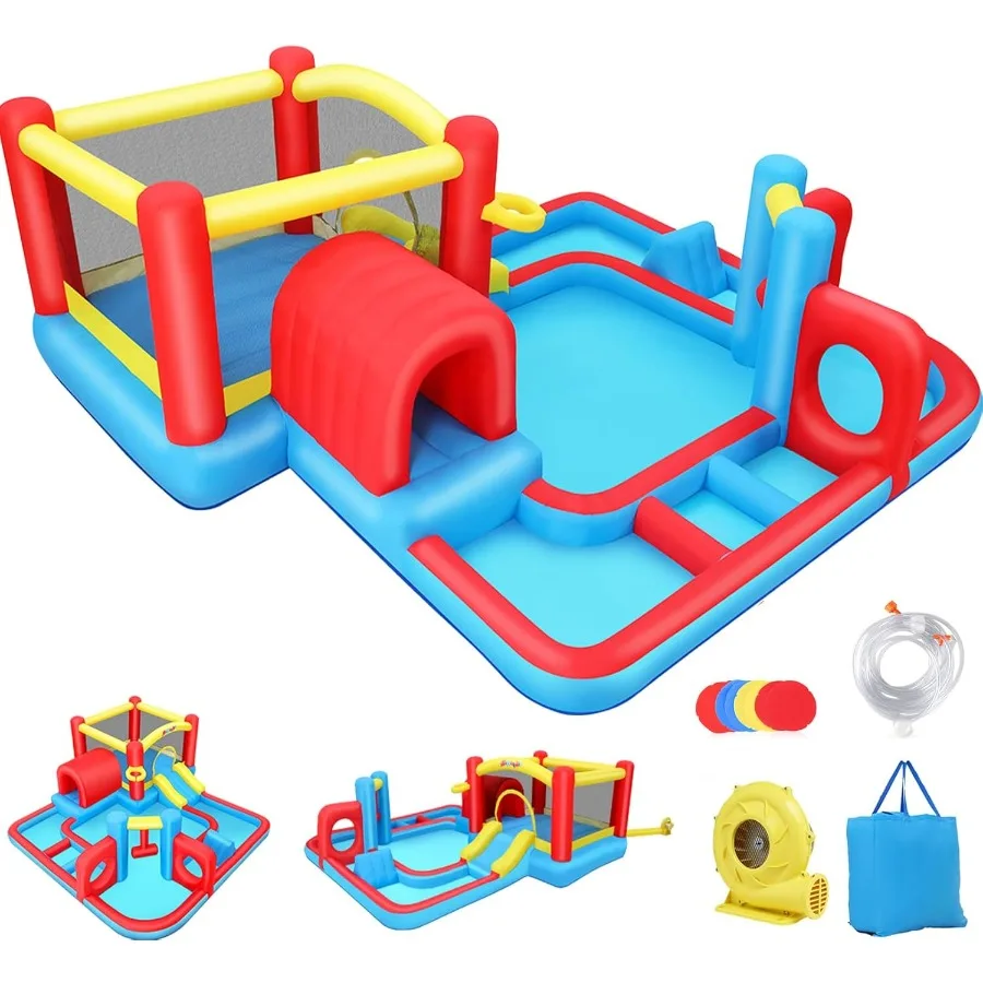 Aufblasbares Hüpfhaus 9-in-1-Labyrinth-Wasserpark mit geteiltem Spritzbecken, Tunnel, Sprungbereich, Basketballkorb, Hindernis und 520 W Blo
