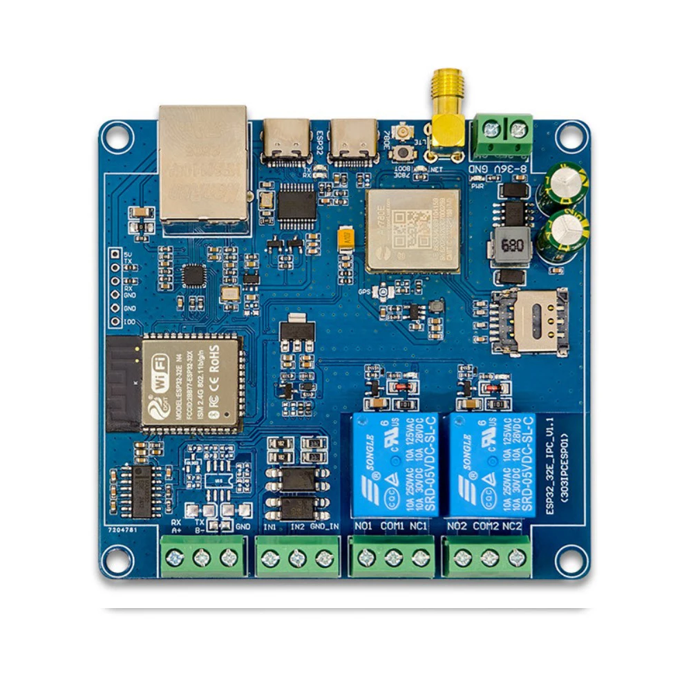 

ESP32 Industrial Controller Edge Computing Ethernet WiFi BT 4G CAT.1 RS485 RS232 2DI 2DO Relay CH340 Type-C/DC8-36V Power Supply