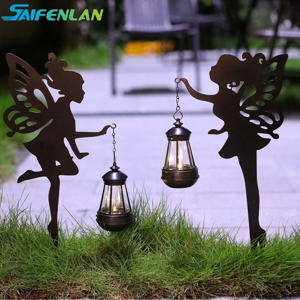 

1 Pair Solar Fairy Garden Stake Decorative Lantern Metal Fairy Angel Garden Silhouette Lights for Lawn, Pathway, Patio, Yard