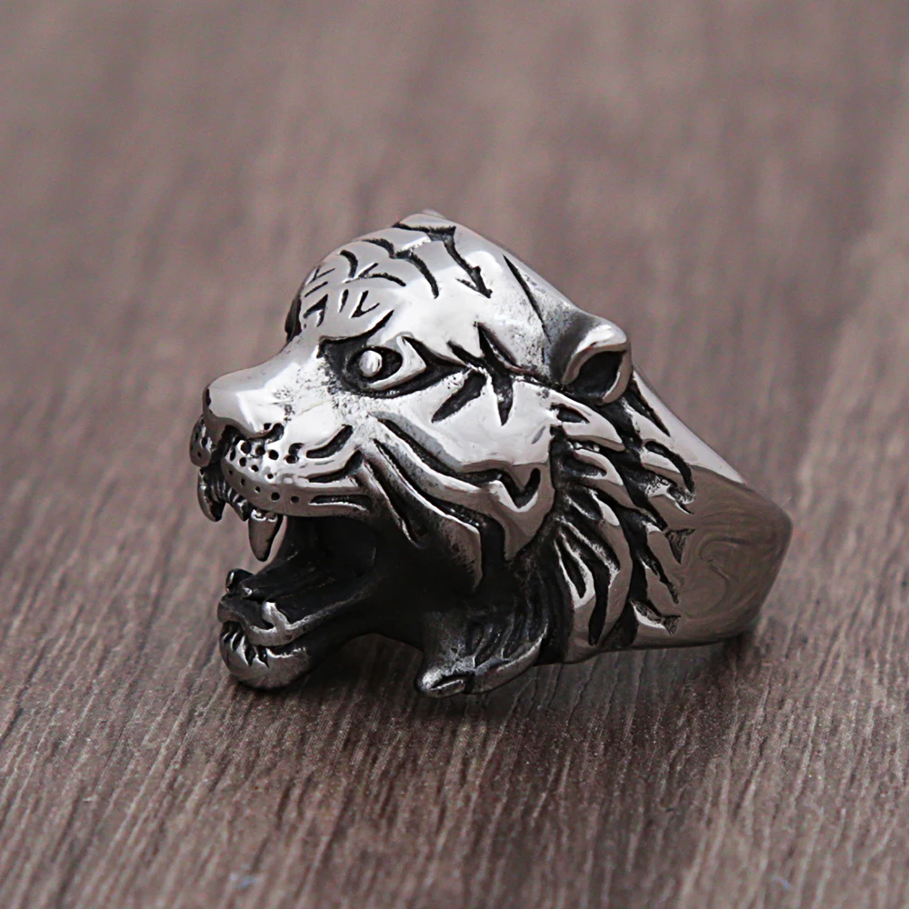 Punk Hip Hop Vintage Stainless Steel Tiger Head Ring Men Boy Gold/Steel Color Tiger Animal Ring Biker Fashion Party Jewelry Gift