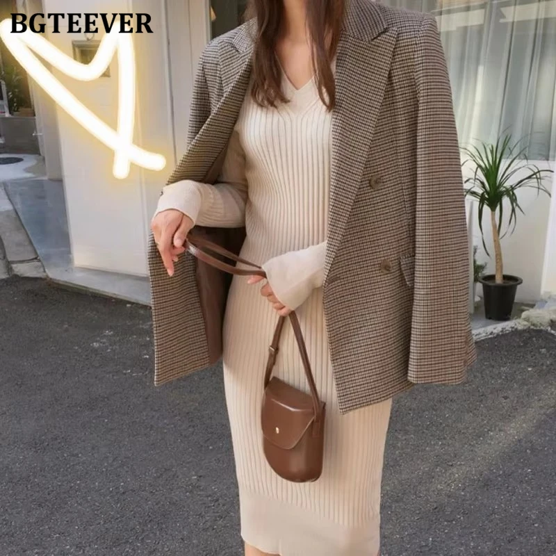 Vintage Double Breasted Office สุภาพสตรีลายสก๊อต Blazer ยาวหลวม Houndstooth เสื้อแจ็คเก็ตผู้หญิงเสื้อแจ็คเก็ตหญิง