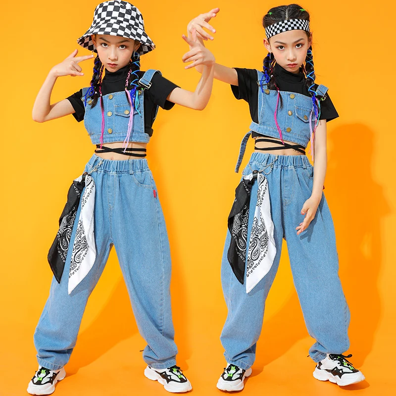 Manga comprida feminina Denim Jazz, Roupa de Performance, Roupas Modernas de Street Dance, Roupa Infantil Rave, Hip Hop, BL7230