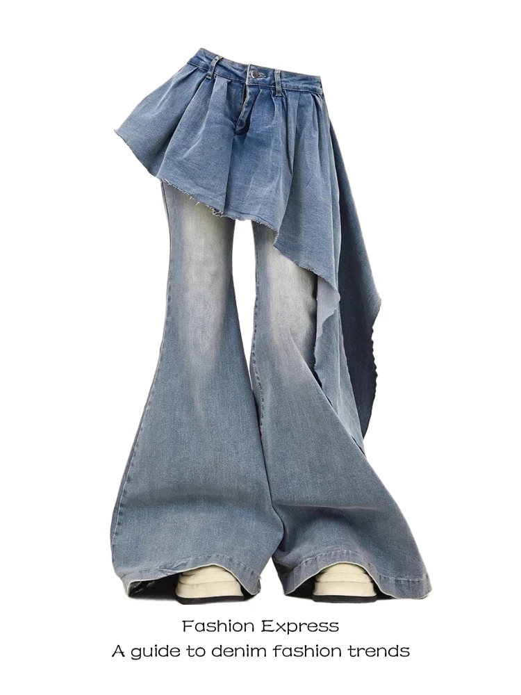 

Slim Fit High Waist Bell Bot Jeans Women's Spring Autumn New Sle American Retro Skirt Hem Fake Two Piece Spicy Girl Jeans