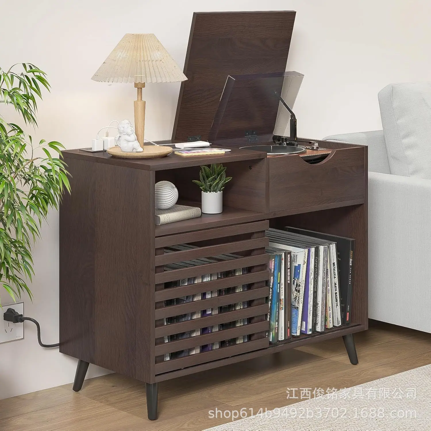 Foreign trade vinyl record storage cabinet with charging socket, shutter door, drawer, record player cabinet, multi-function