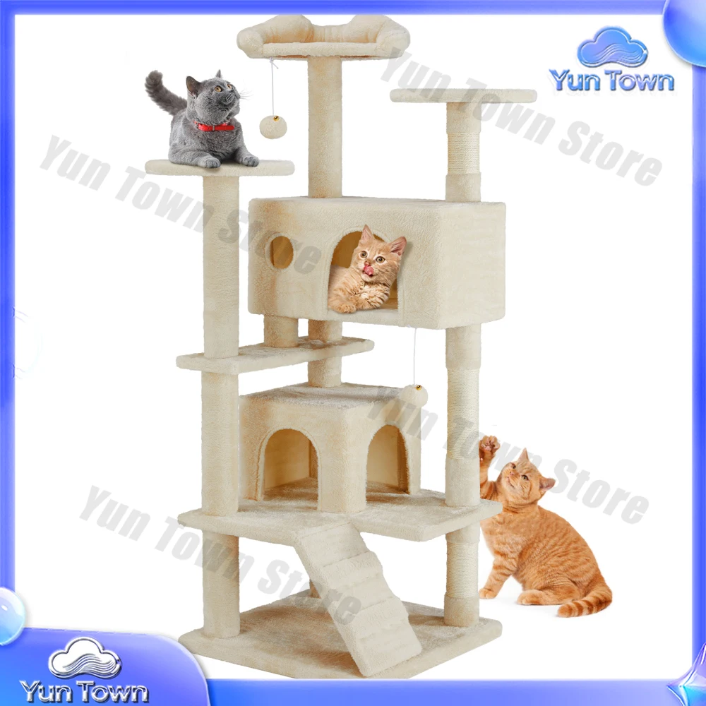 54in Cat Tree, Indoor cat High-rise Multi-story Tower, Pet Playroom with Large Apartment